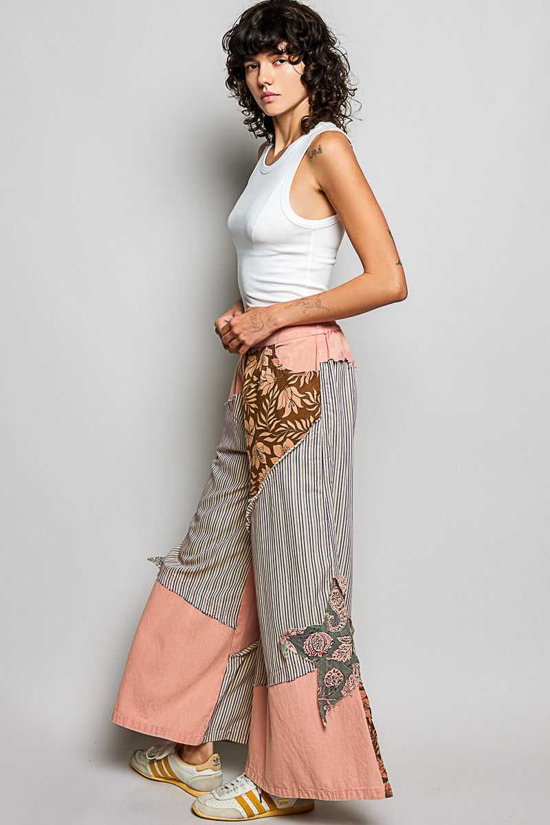 POL Striped Floral Patchwork Wide leg Pants with Side Big Star Patch 100100060771533 59 Affordable Fashion Under $100 Jerry's Apparel 