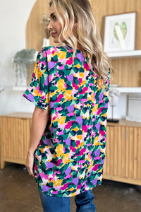 Full Size Printed V-Neck Short Sleeve Blouse