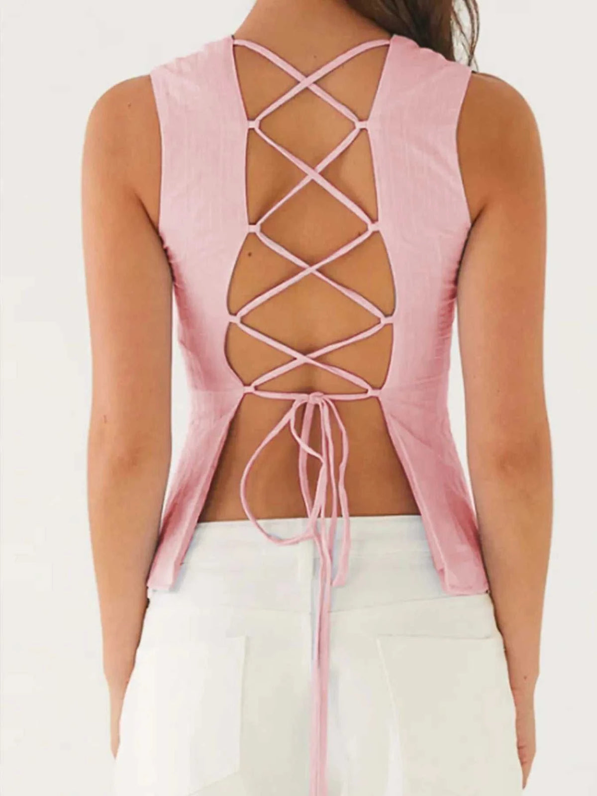 Back Lace Up Sleeveless Top with Cinched Waist Design 100100957854098 34 Affordable Fashion Under $100 Jerry's Apparel 