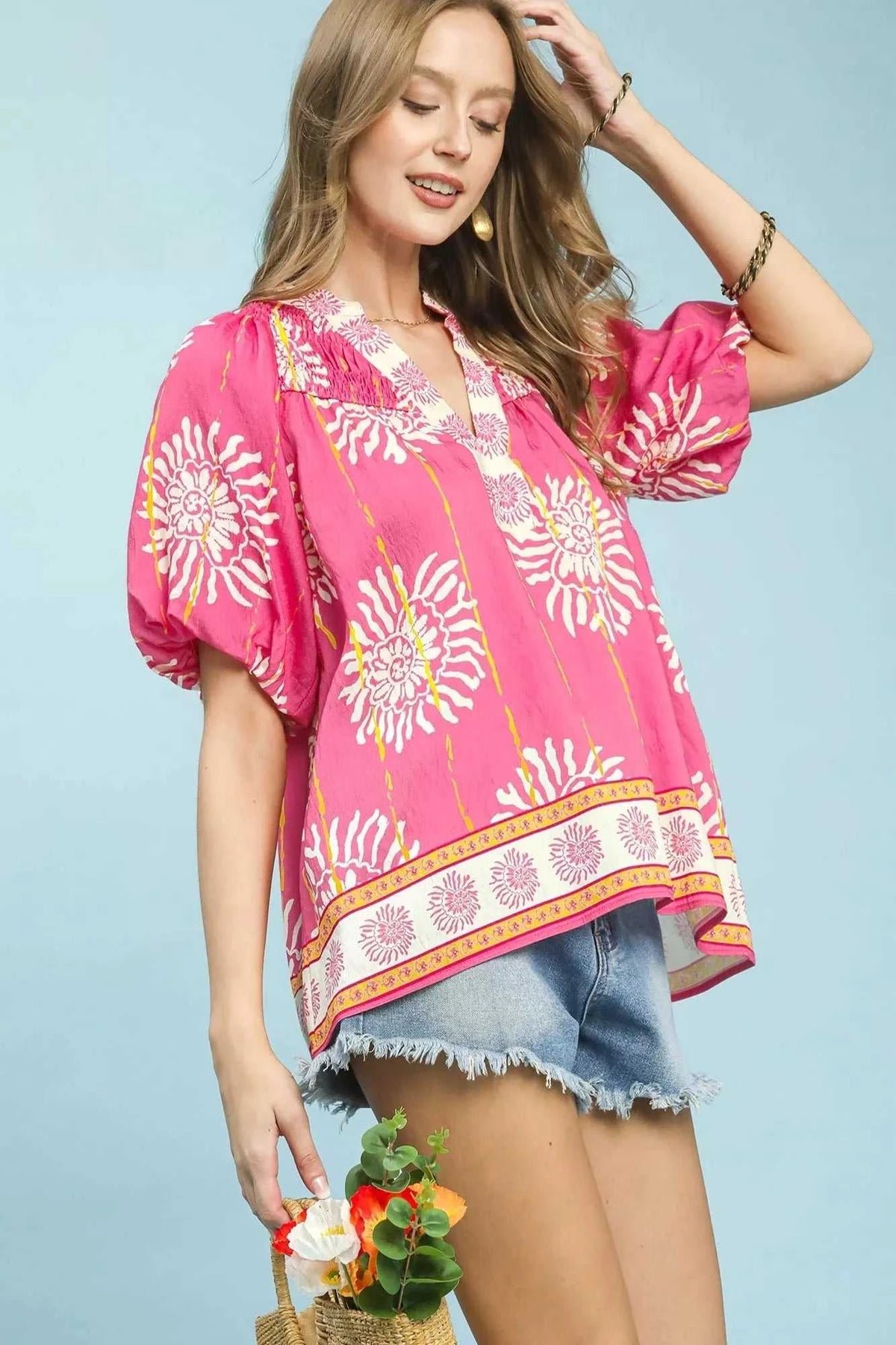 Umgee Floral Border Smocked V-Neck Boho Blouse 100100967591595 49 Affordable Fashion Under $100 Jerry's Apparel 