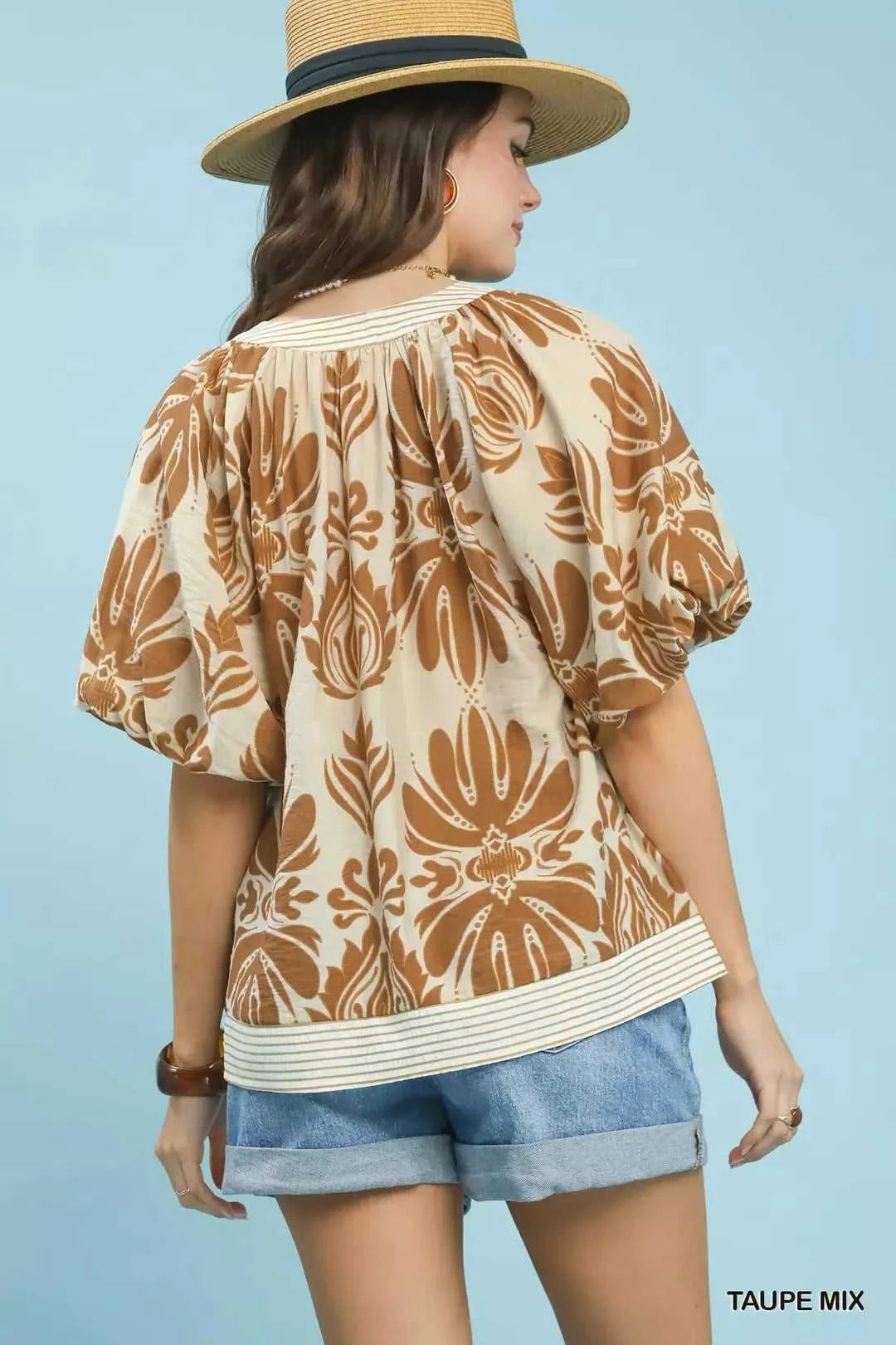 Umgee Mix Printed Puff Sleeve Top with Contrast Trim 100100078281232 47 Affordable Fashion Under $100 Jerry's Apparel 