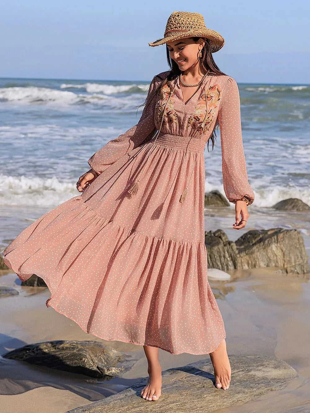 Embroidered Polka Dot Tie Neck Long Sleeve Midi Dress 100100423971743 52 Gifts for Her Jerry's Apparel 