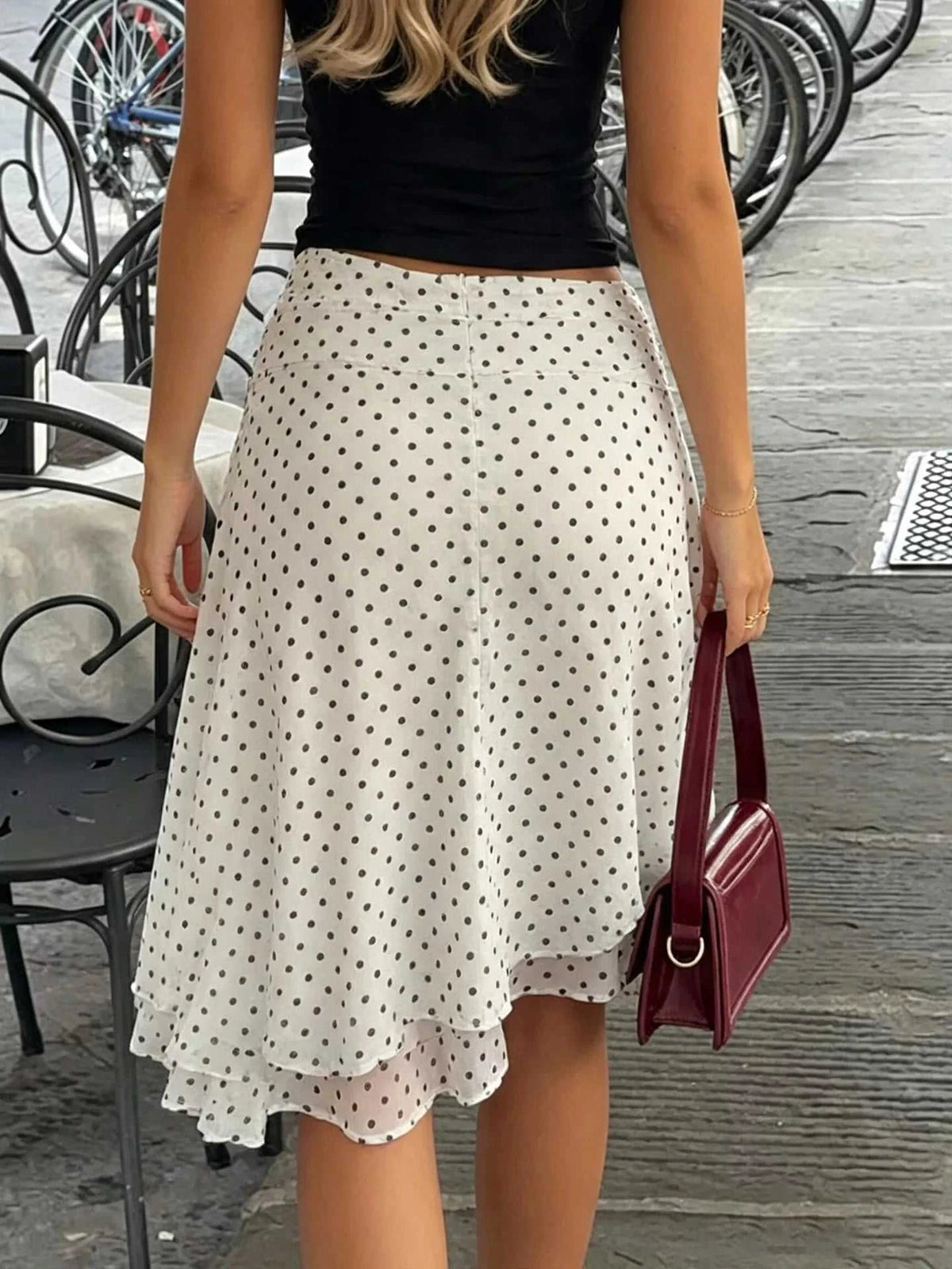 Polka Dot Ruched Waist Midi Skirt 100100301652762 38 Women's Skirts Affordable Fashion Under $100 Jerry's Apparel 