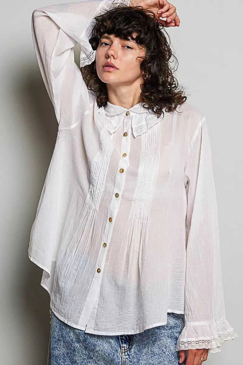 POL Woven Lace Trim Pintuck Button-Down Shirt 100100784961327 66 Affordable Fashion Under $100 Jerry's Apparel 