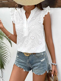 Perfee Eyelet Notched Ruffled Cap Sleeve Blouse 100100471991129 27 Affordable Fashion Under $100 Jerry's Apparel 