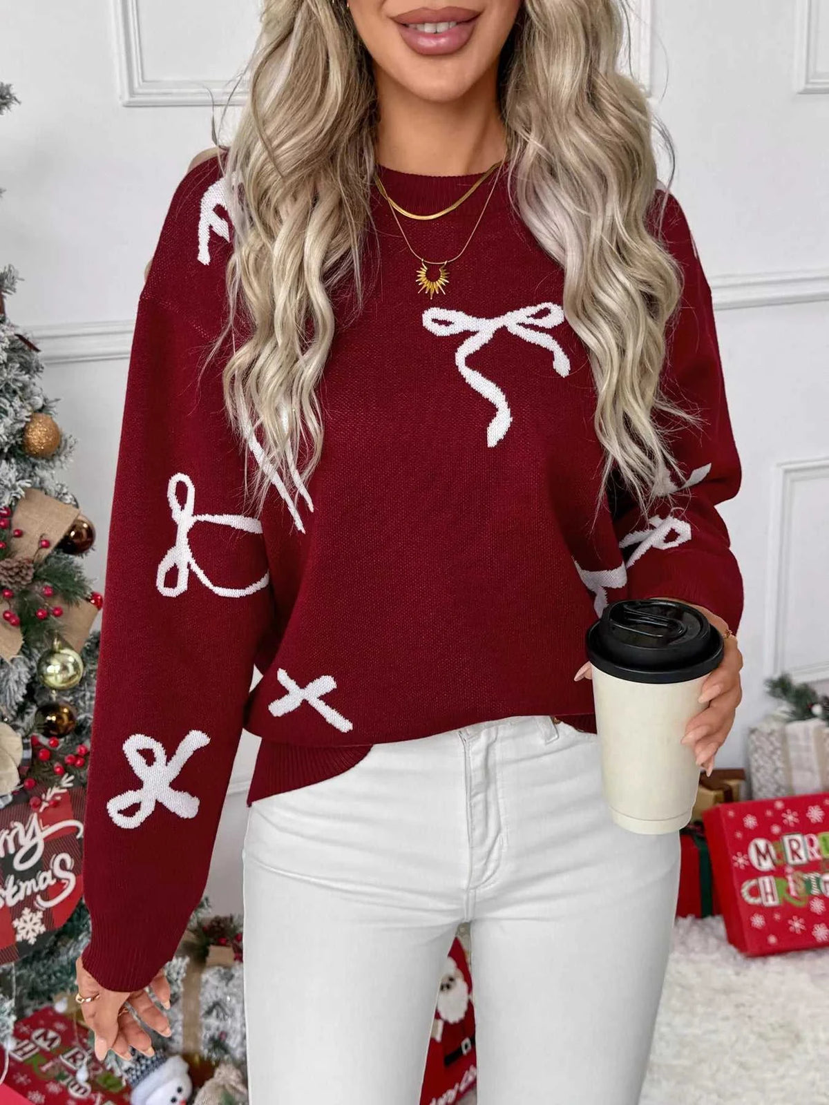 Bow Round Neck Long Sleeve Sweater 100100535010492 44 Affordable Fashion Under $100 Jerry's Apparel 