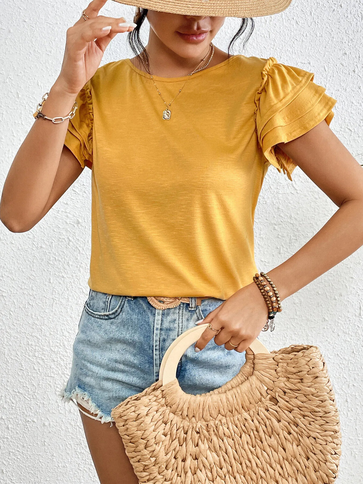Ruffle Sleeve Round Neck T-Shirt