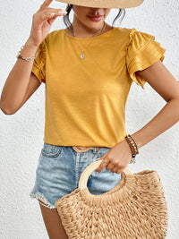 Ruffle Sleeve Round Neck T-Shirt