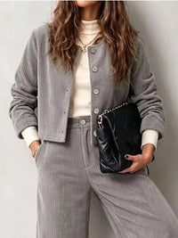 Full Size Corduroy Button-Down Jacket and Wide-Leg Pants Two-Piece Set Plus Size 101001217256067 73 Women's Pants Set Gifts for Her Jerry's Apparel 