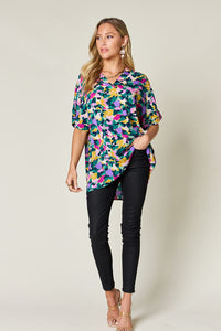 Full Size Printed V-Neck Short Sleeve Blouse