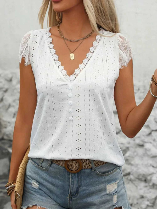 Perfee Eyelet Lace Detail V-Neck Cap Sleeve Top 100100934591306 25 Affordable Fashion Under $100 Jerry's Apparel 