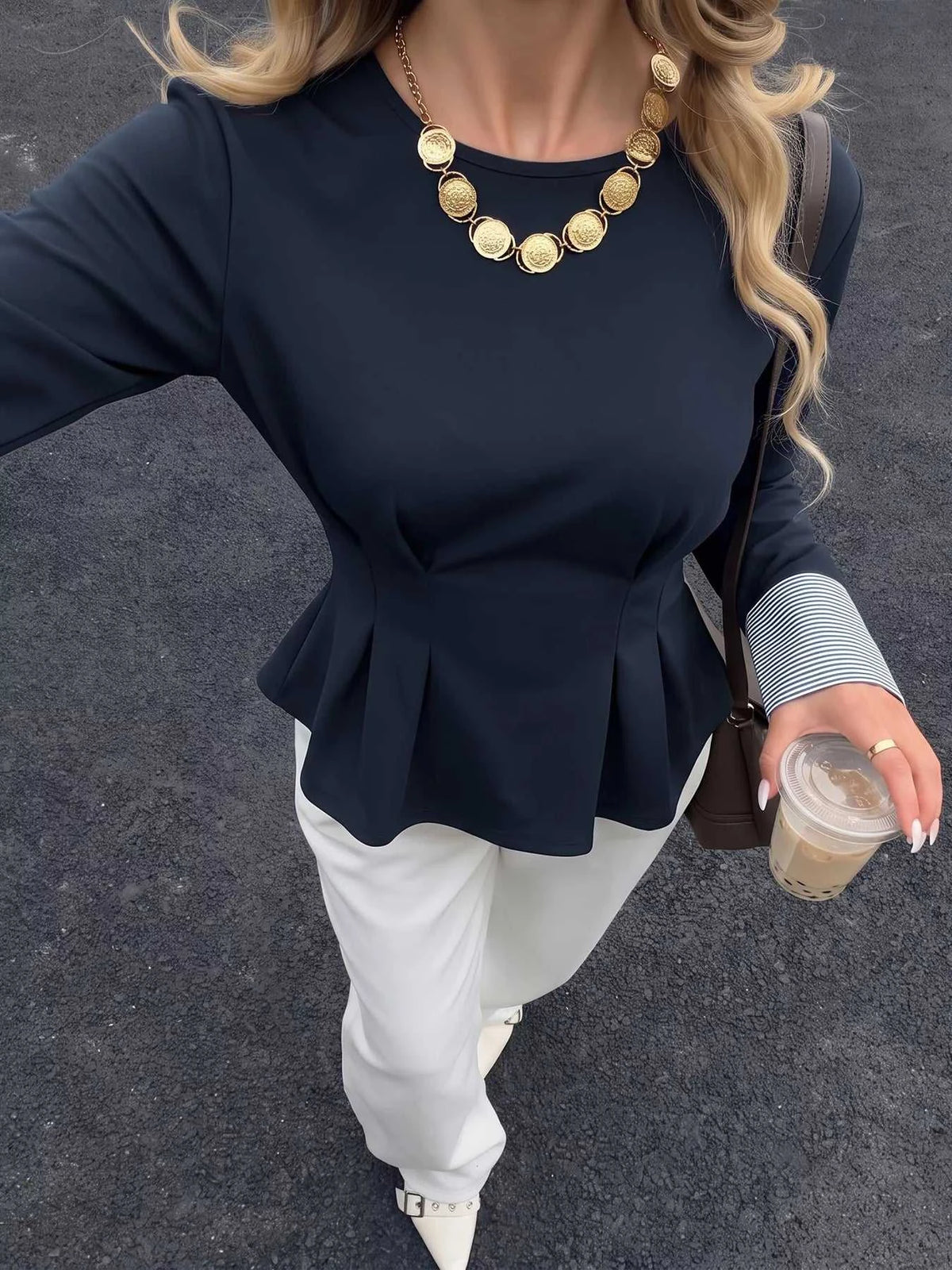 Round Neck Peplum Top with Striped Cuffs 100100734963918 45 Affordable Fashion Under $100 Jerry's Apparel 