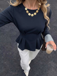 Round Neck Peplum Top with Striped Cuffs 100100734963918 45 Affordable Fashion Under $100 Jerry's Apparel 