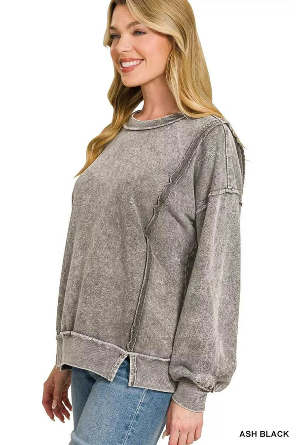 Zenana Snow Washed F/Terry Exposed-Seam Sweatshirt 100100493741659 36 Jerry's Apparel 
