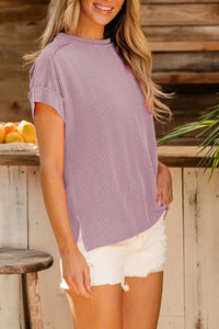 Casual Ribbed Short Sleeve Round Neck T-Shirt