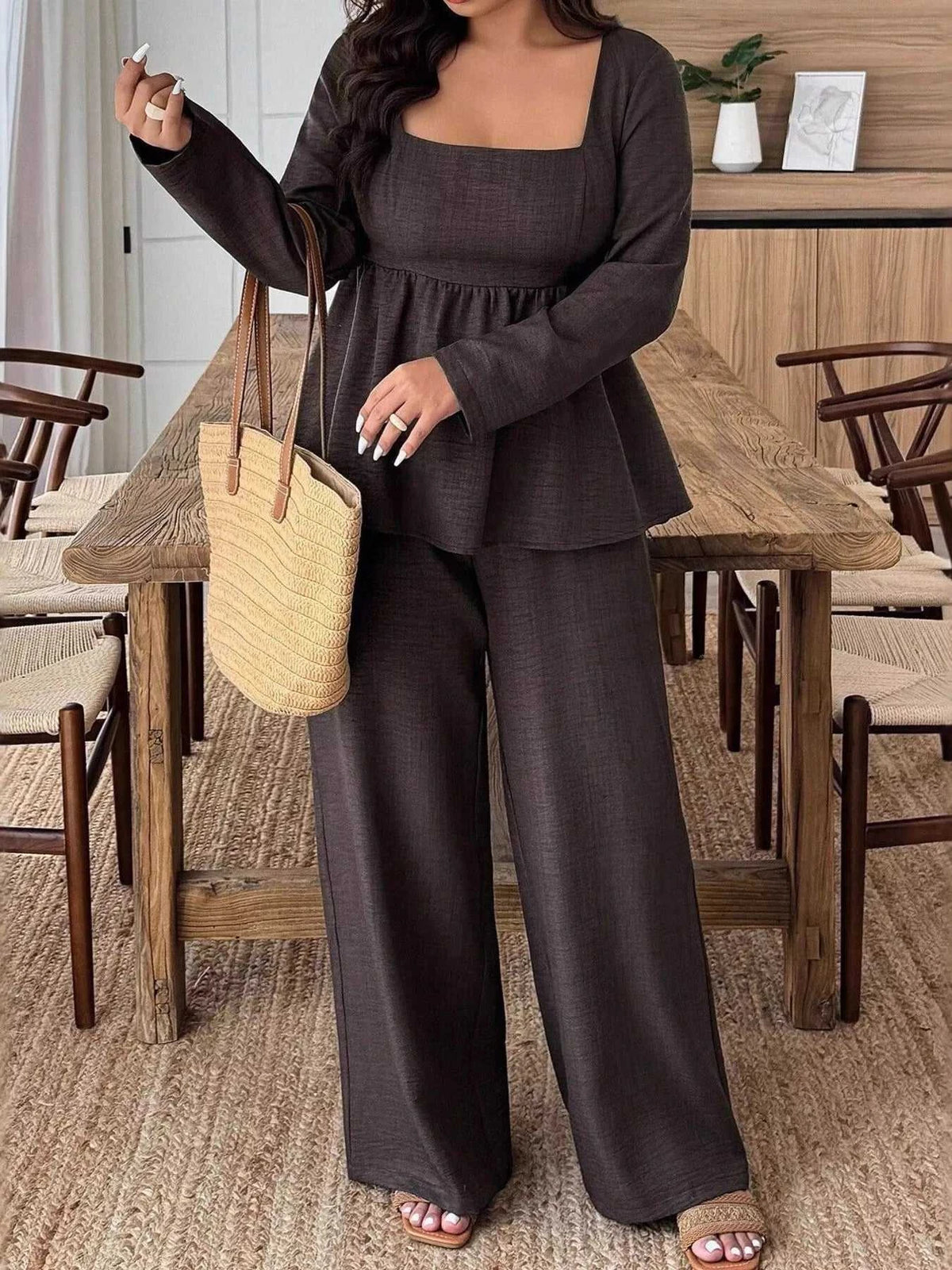 Plus Size Square Neck Long Sleeve Top and Pants Two-Piece Set 100100350212166 38 Affordable Fashion Under $100 Jerry's Apparel 