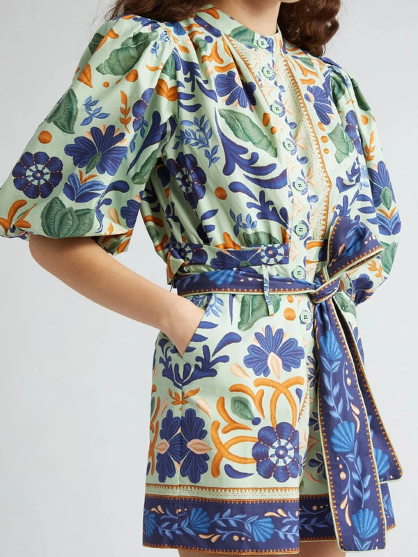 Floral Print Button Front Belted Romper