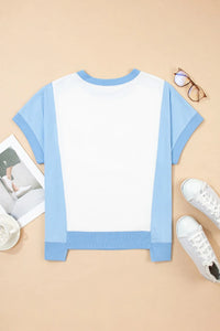 Star Plaid Flower USA Graphic Color Block Crewneck T Shirt