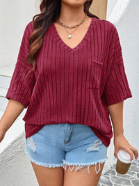 Plus Size V-Neck Ribbed Knit T-Shirt