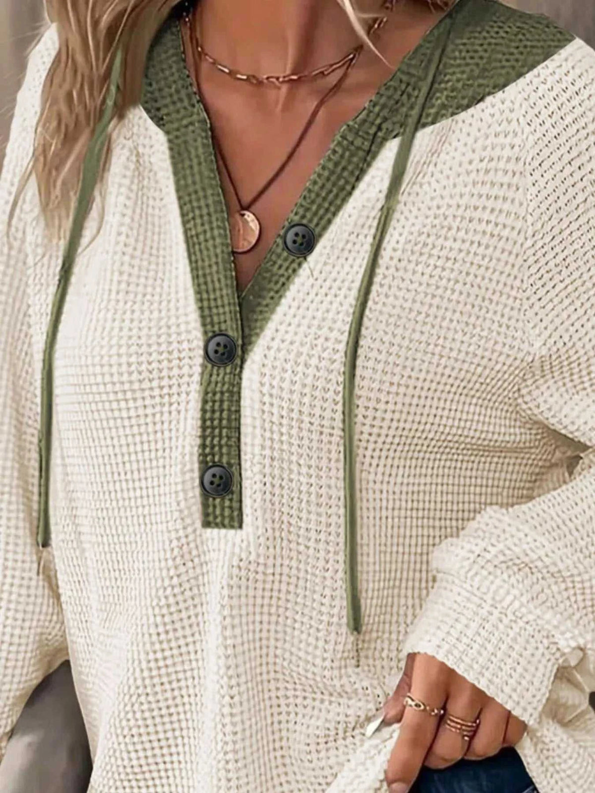 Waffle Knit Button Detail Drawstring Hoodie 100100982511723 41 Affordable Fashion Under $100 Jerry's Apparel 