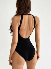 Mesh Detail Backless Striped One-Piece Swimsuit