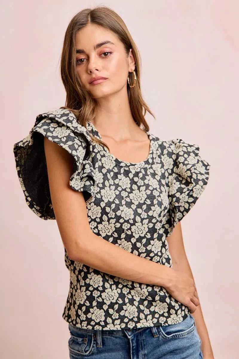 BiBi Floral Jacquard Ruffle Sleeves Knit Top 100100264791752 46 Affordable Fashion Under $100 Jerry's Apparel 