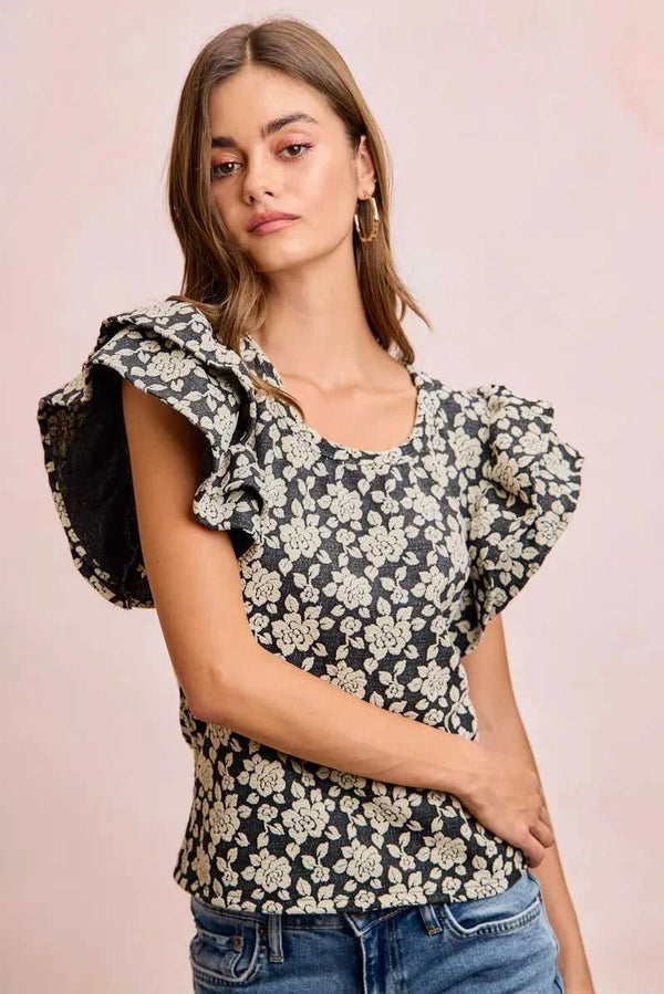 BiBi Floral Jacquard Ruffle Sleeves Knit Top 100100264791752 46 Affordable Fashion Under $100 Jerry's Apparel 
