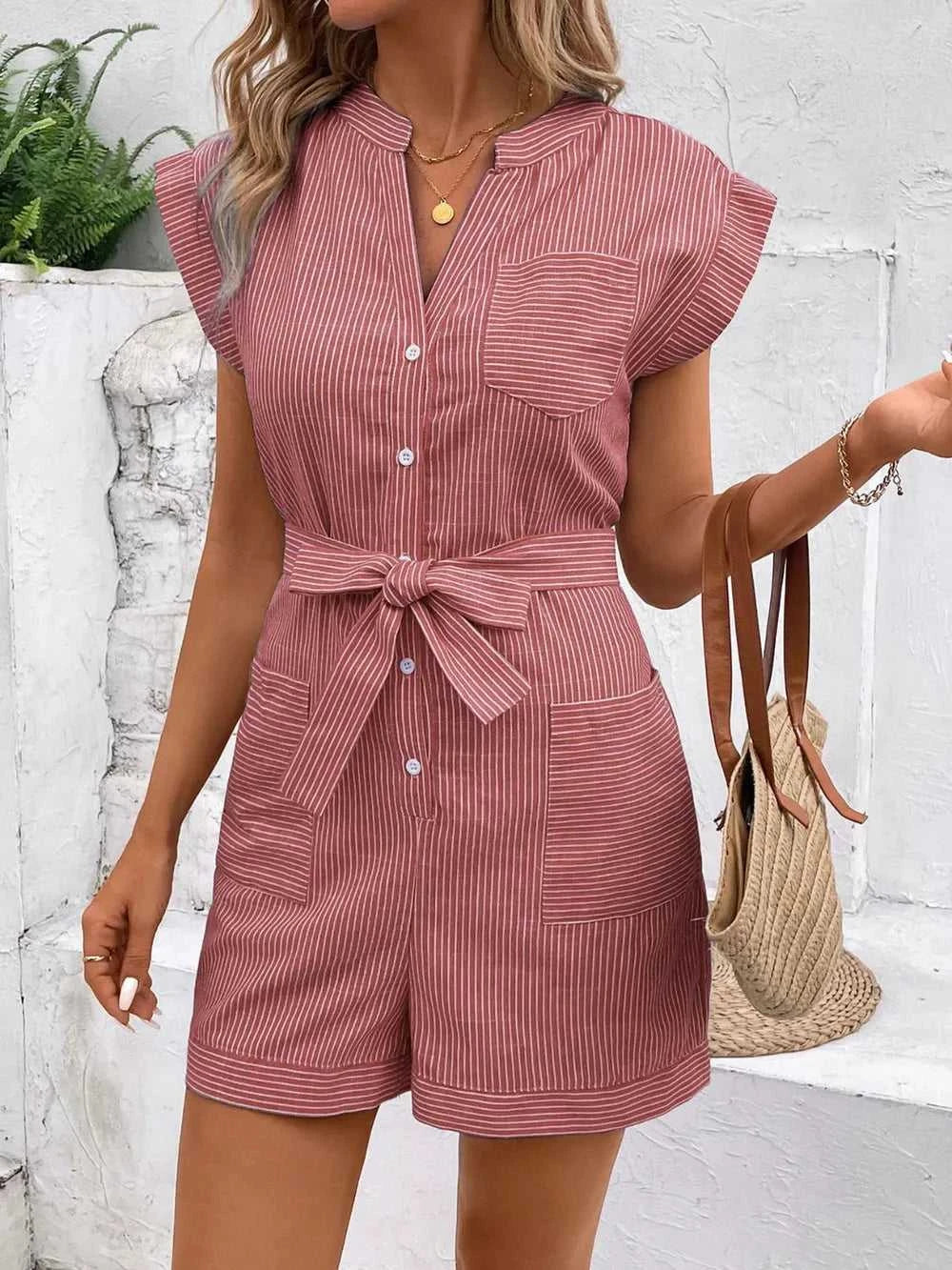 Perfee Striped Notched Tie Waist Romper 100100531531771 37 Affordable Fashion Under $100 Jerry's Apparel 