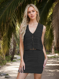 Openwork V-Neck Top and Skirt Knit Cover Up Set