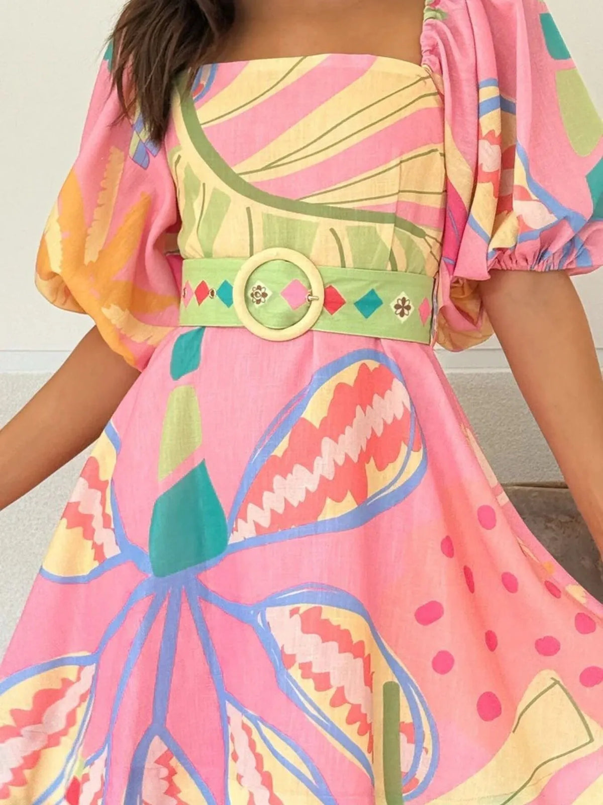 Printed Square Neck Puff Sleeve Dress