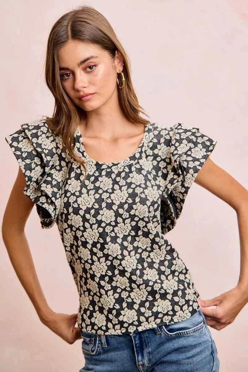 BiBi Floral Jacquard Ruffle Sleeves Knit Top 100100264791752 46 Affordable Fashion Under $100 Jerry's Apparel 