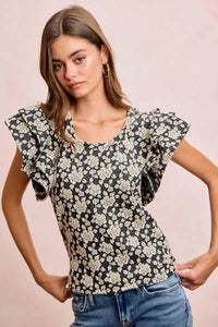 BiBi Floral Jacquard Ruffle Sleeves Knit Top 100100264791752 46 Affordable Fashion Under $100 Jerry's Apparel 