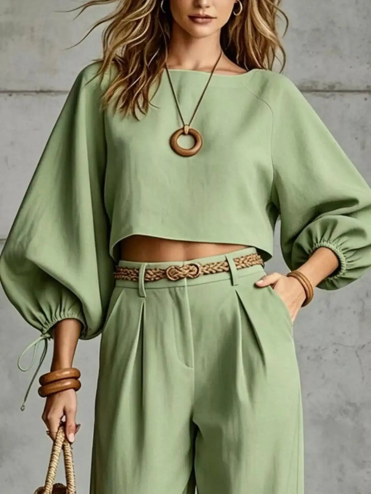 Balloon Sleeve Crop Top and Wide-Leg Pants Set 101001530012684 71 Affordable Fashion Under $100 Jerry's Apparel 