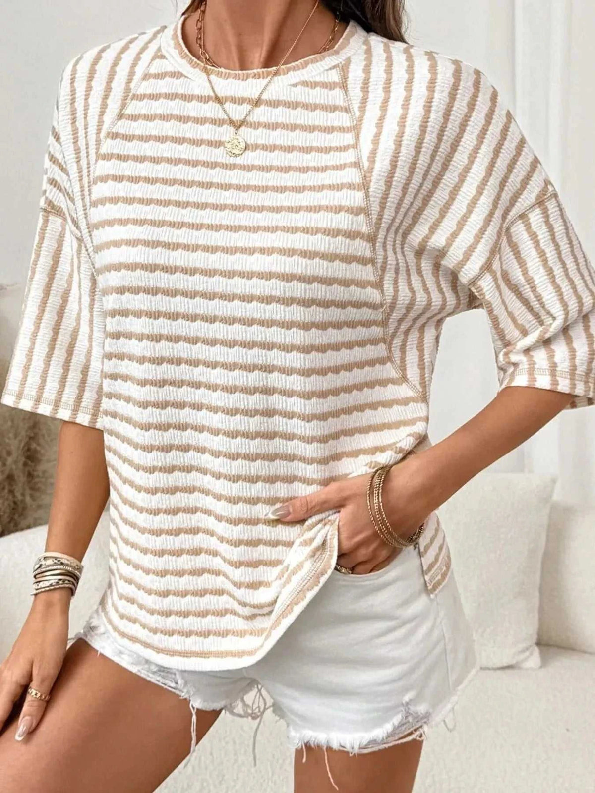 Casual Striped Raglan Sleeve Textured T-Shirt 101001019077269 38 Affordable Fashion Under $100 Jerry's Apparel 