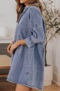 Distressed Collared Neck Flounce Sleeve Denim Dress