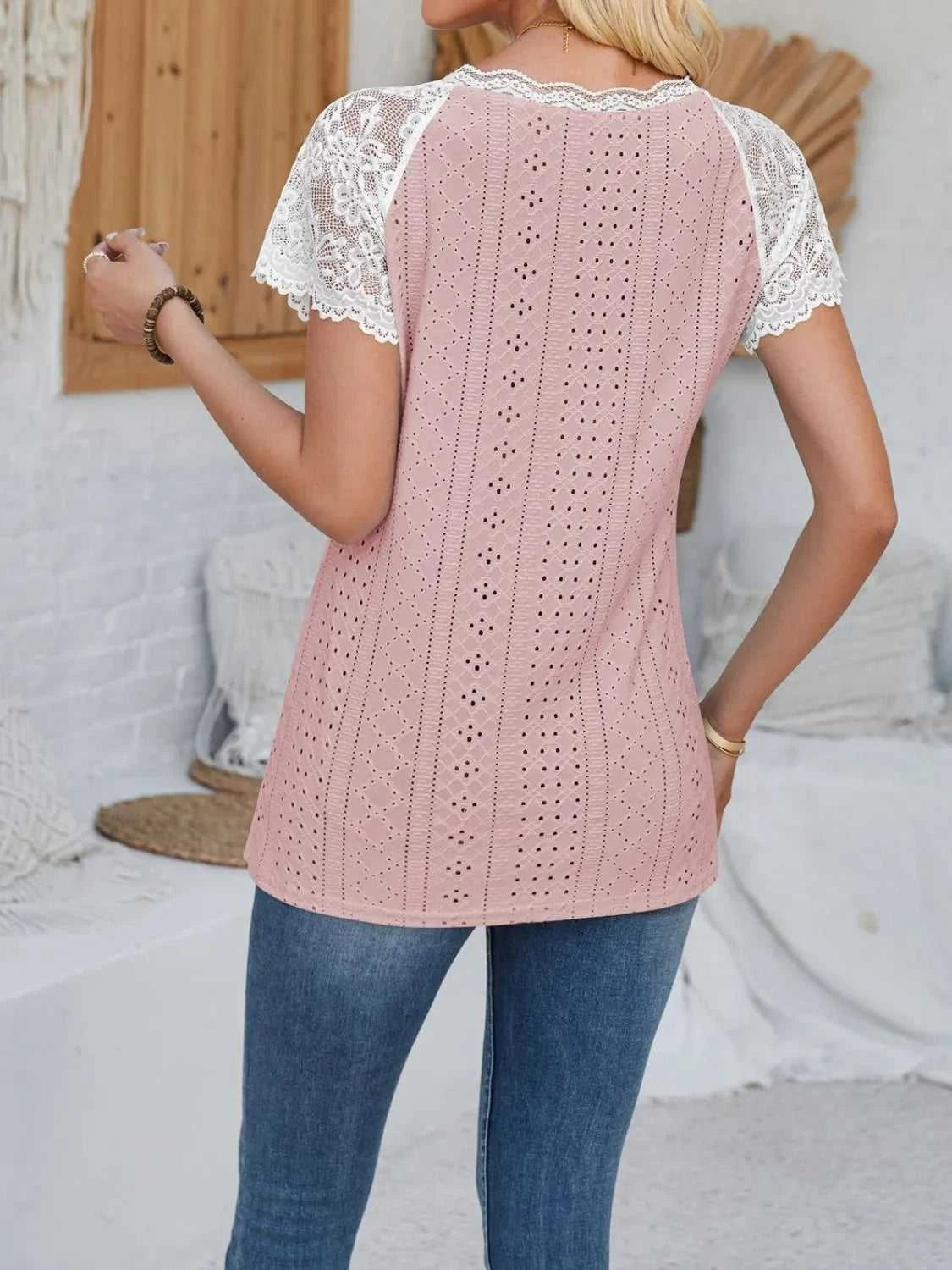 Eyelet Lace Detail V-Neck Short Sleeve Top 100100643487058 23 Affordable Fashion Under $100 Jerry's Apparel 