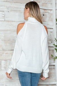 Cable-Knit Turtleneck Cold Shoulder Sweater