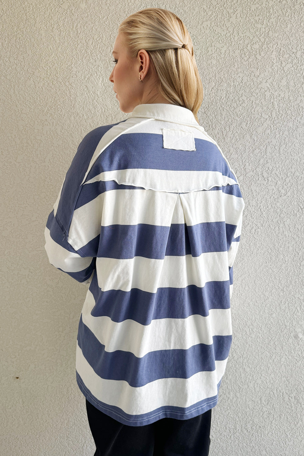 Oh Pima Cotton Wash Wide Striped Collared Neck Long Sleeve Top