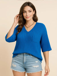 Plus Size V-Neck Ribbed Knit T-Shirt