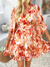 Devine Printed Surplice Ruffled 3/4 Sleeve Mini Dress