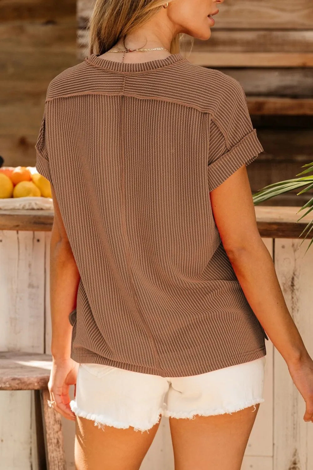 Casual Ribbed Short Sleeve Round Neck T-Shirt