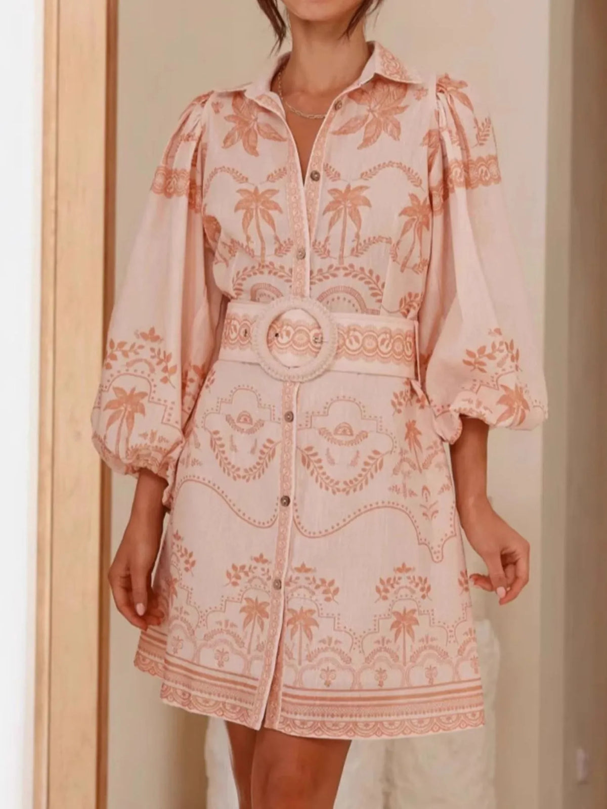 Printed Button Down Shirt Dress with Belt