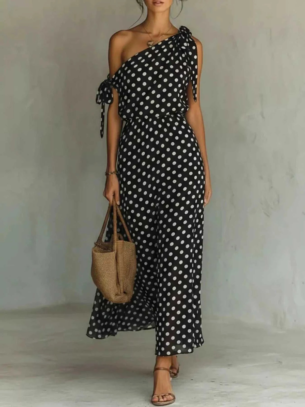 Full Size Polka Dot One-Shoulder Maxi Dress with Tie Details Plus Size 100100717941422 28 Gifts for Her Jerry's Apparel 