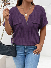 Plus Size Ribbed Half Zip Relaxed Fit T-Shirt