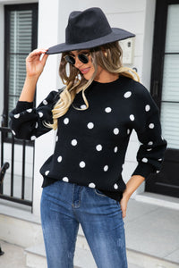 Angel Wings Woven Right Polka Dot Round Neck Dropped Shoulder Sweater