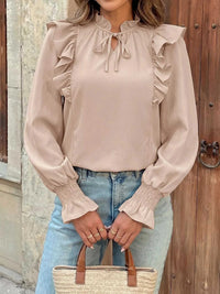 Ruffled Tie Neck Long Sleeve Blouse 100100259171862 36 Perfee Clothing Brands Jerry's Apparel 