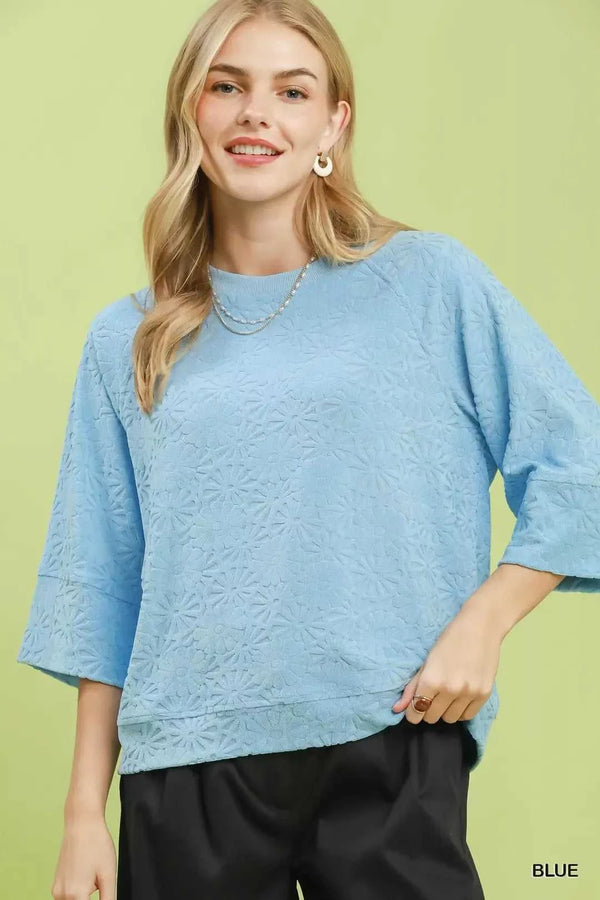 Umgee Round Neck Textured Floral Terry Blouse 100100723151602 47 Affordable Fashion Under $100 Jerry's Apparel 