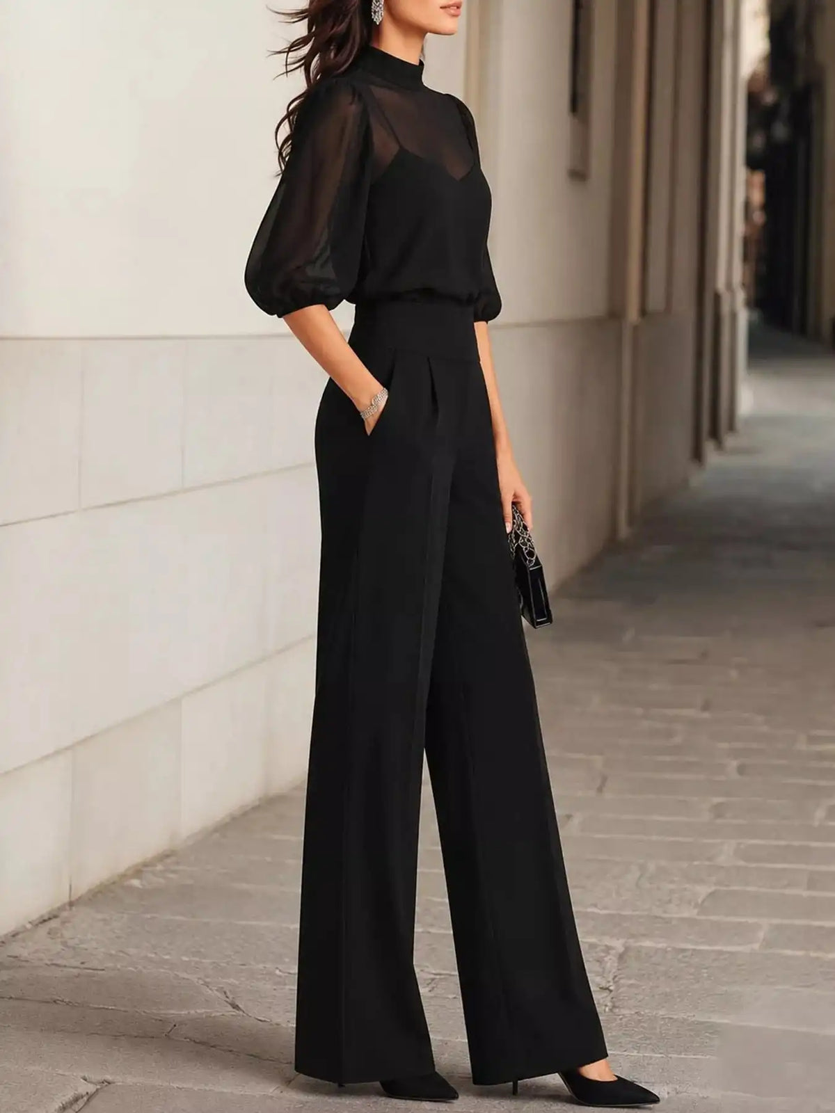 Mock Neck Puff Sleeve Top and Wide Leg Pants Set 101001448710869 73 Affordable Fashion Under $100 Jerry's Apparel 