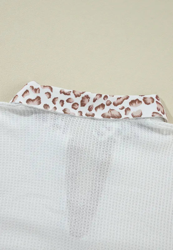 Waffle-Knit Leopard Johnny Collar Long Sleeve Top