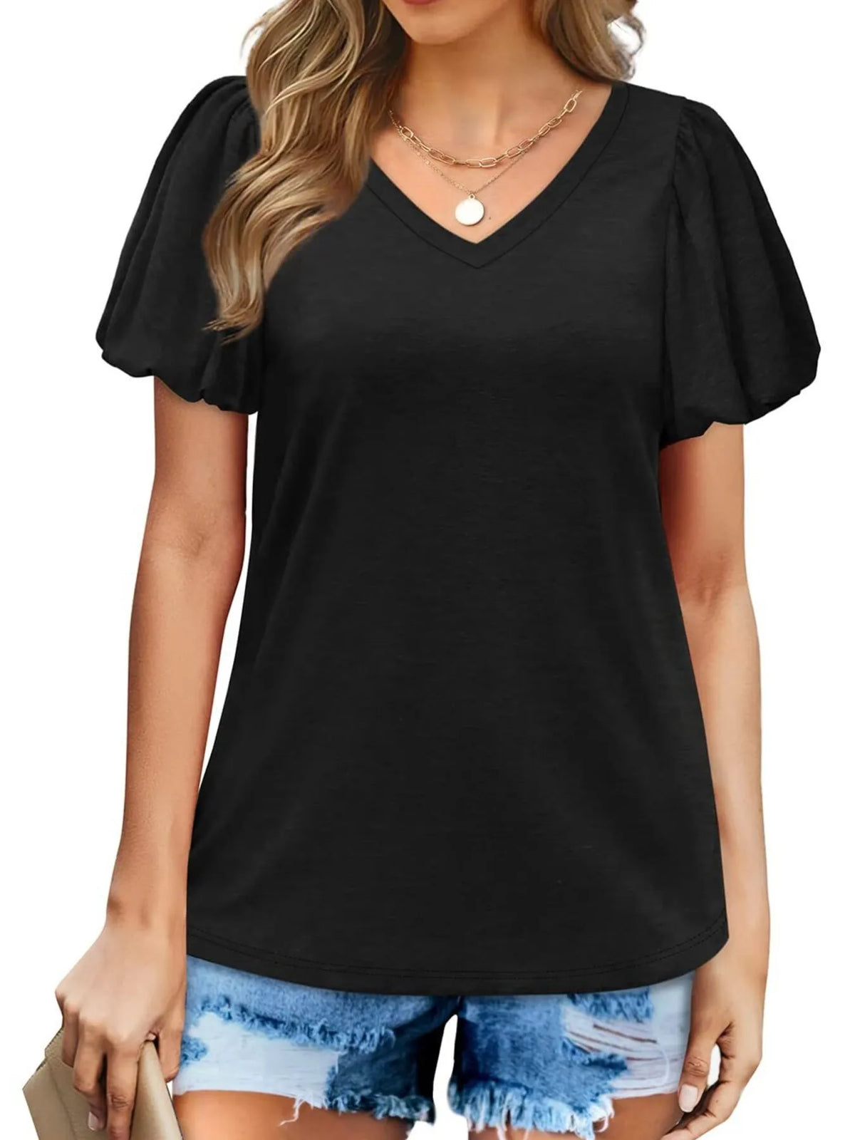 V-Neck Puff Sleeve Casual T-Shirt